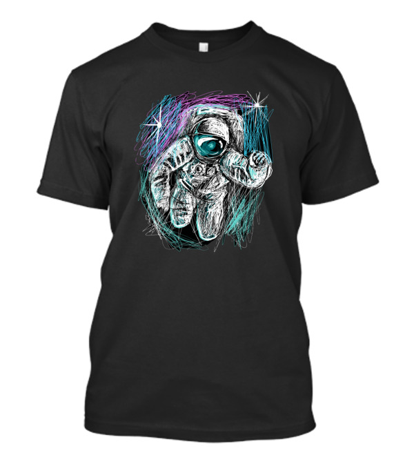 Astronauts Sketch With Stars In Turquoise And Purple T-Shirt
