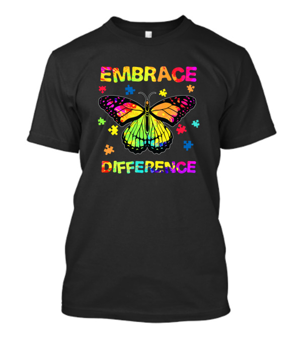 Embrace Difference Autism Butterfly Puzzle Pieces Rainbow T-Shirt