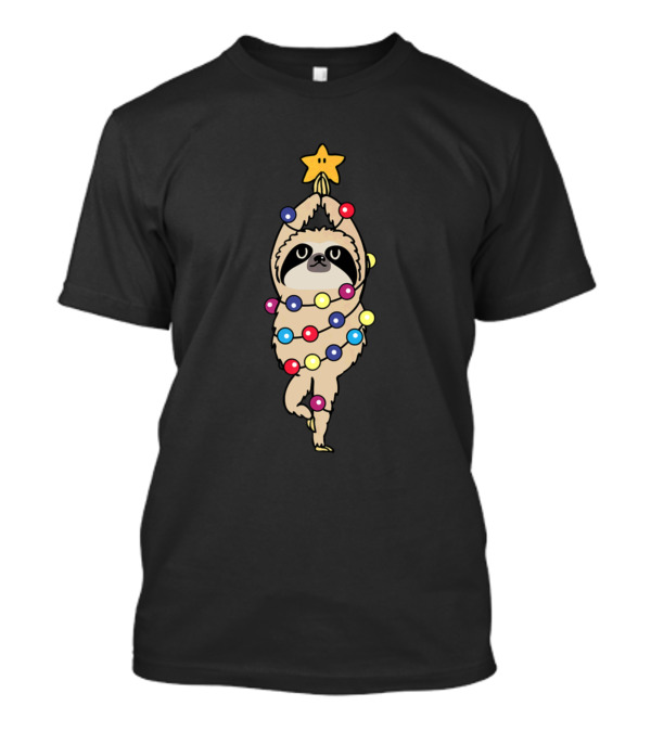 Sloth Merry Yoga Pose With Christmas Lights And Star T-Shirt