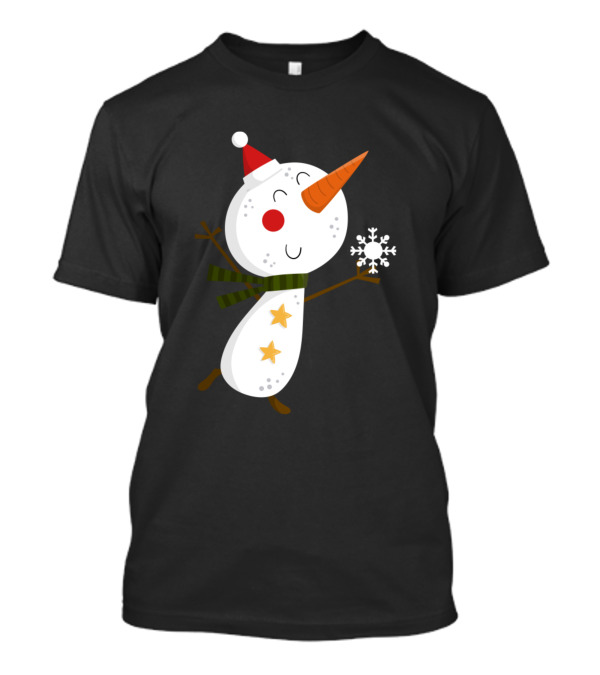 Snowman With Santa Hat Holding Snowflake And Green Scarf T-Shirt