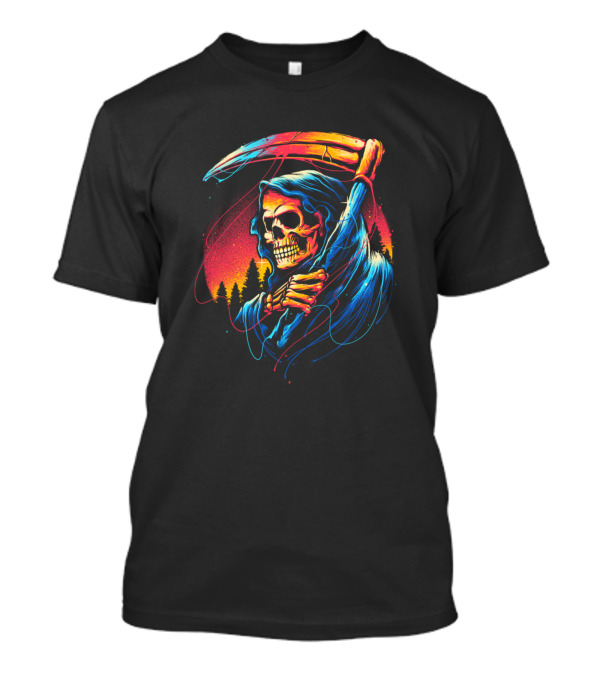 Rainbow Reaper Skeleton Scythe Colorful Forest T-Shirt