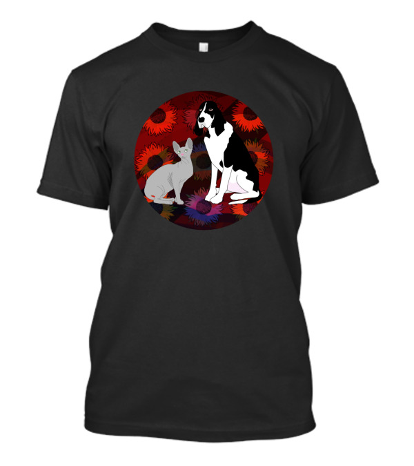 Sphinx And Dog Surrounded By Vibrant Red Sunflower T-Shirt