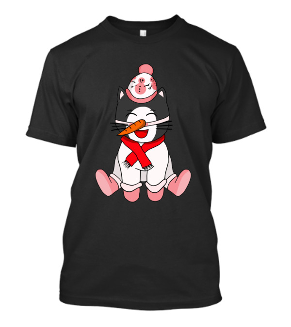 Kawaii Christmas Snowman Cat With Carrot Nose And Red Scarf T-Shirt
