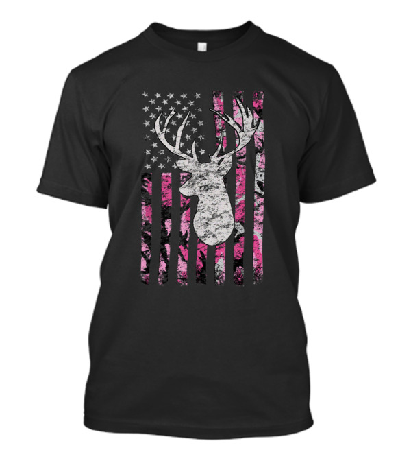 Deer Hunting Buck American Flag Pink Camouflage 335 T-Shirt