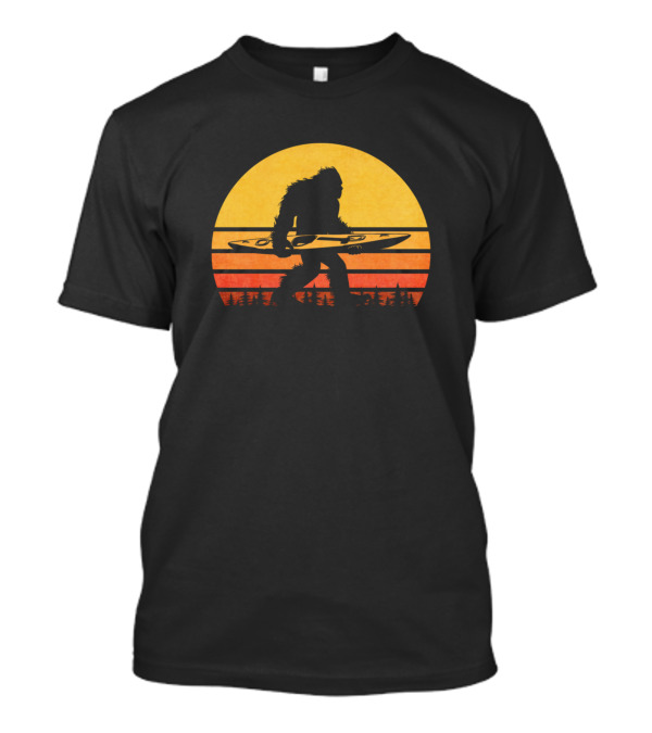 Retro Sasquatch Kayaking Vintage Bigfoot Kayak Sunset Scene T-Shirt