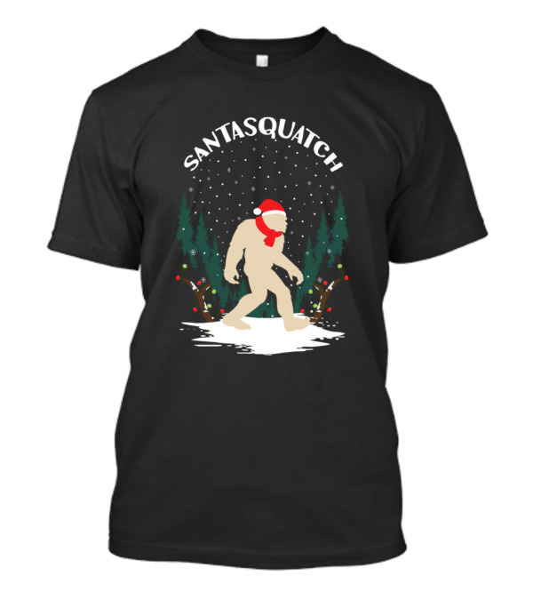 Santasquatch Bigfoot Christmas Winter Forest Scene T-Shirt