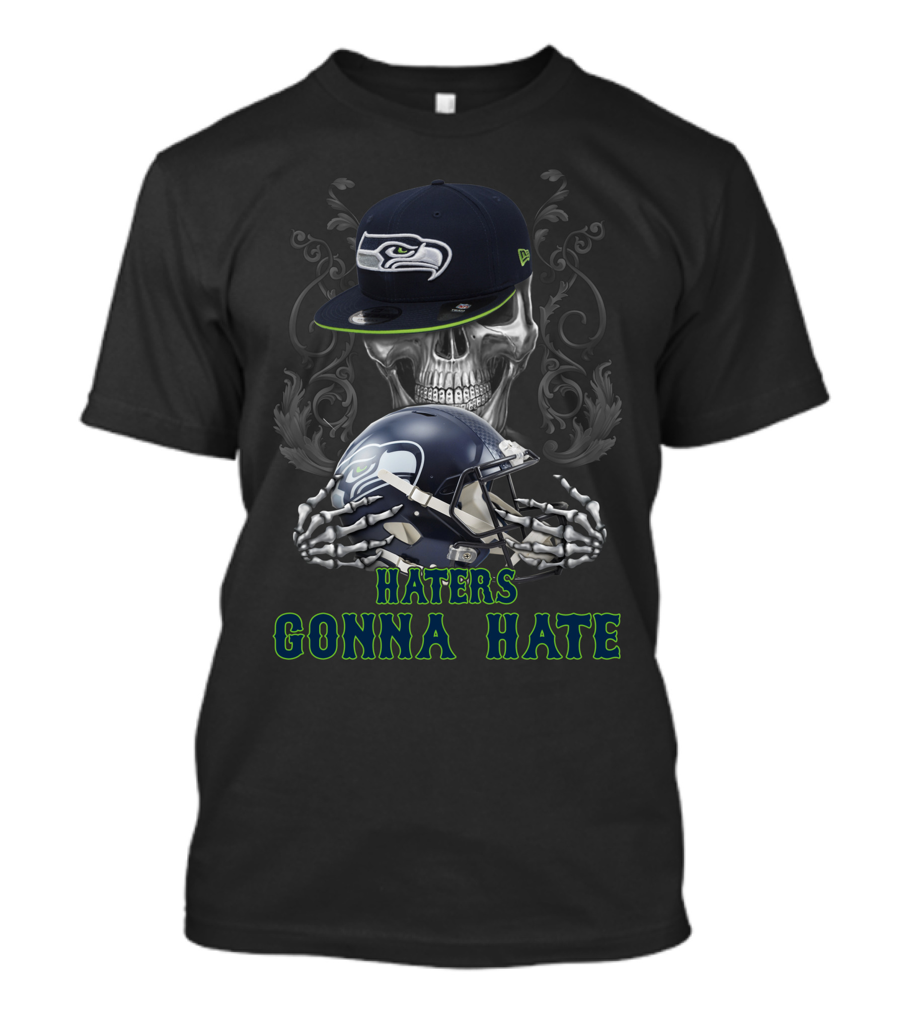 Haters Gonna Hate Seattle Seahawks Skeleton Helmet And Cap T-Shirt