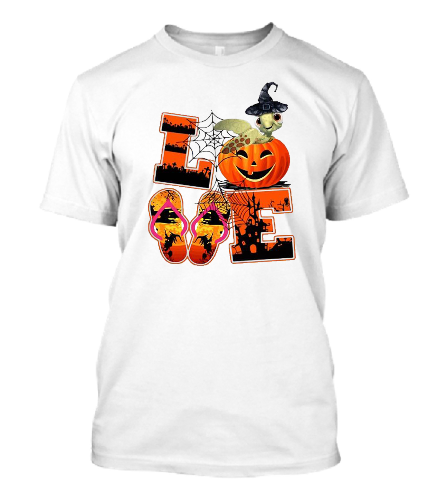 Halloween Love Turtle Pumpkin Spider Web Flip Flops T-Shirt