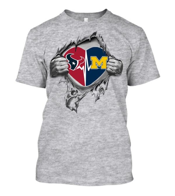Michigan Wolverines Houston Texans Heartbeat Torn Heart T-Shirt