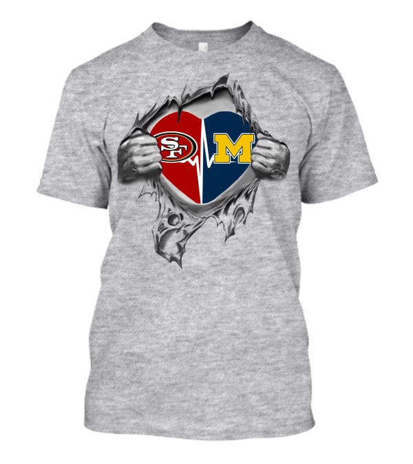 Michigan Wolverines Heartbeat San Francisco 49ers Fan Passion Fusion T-Shirt