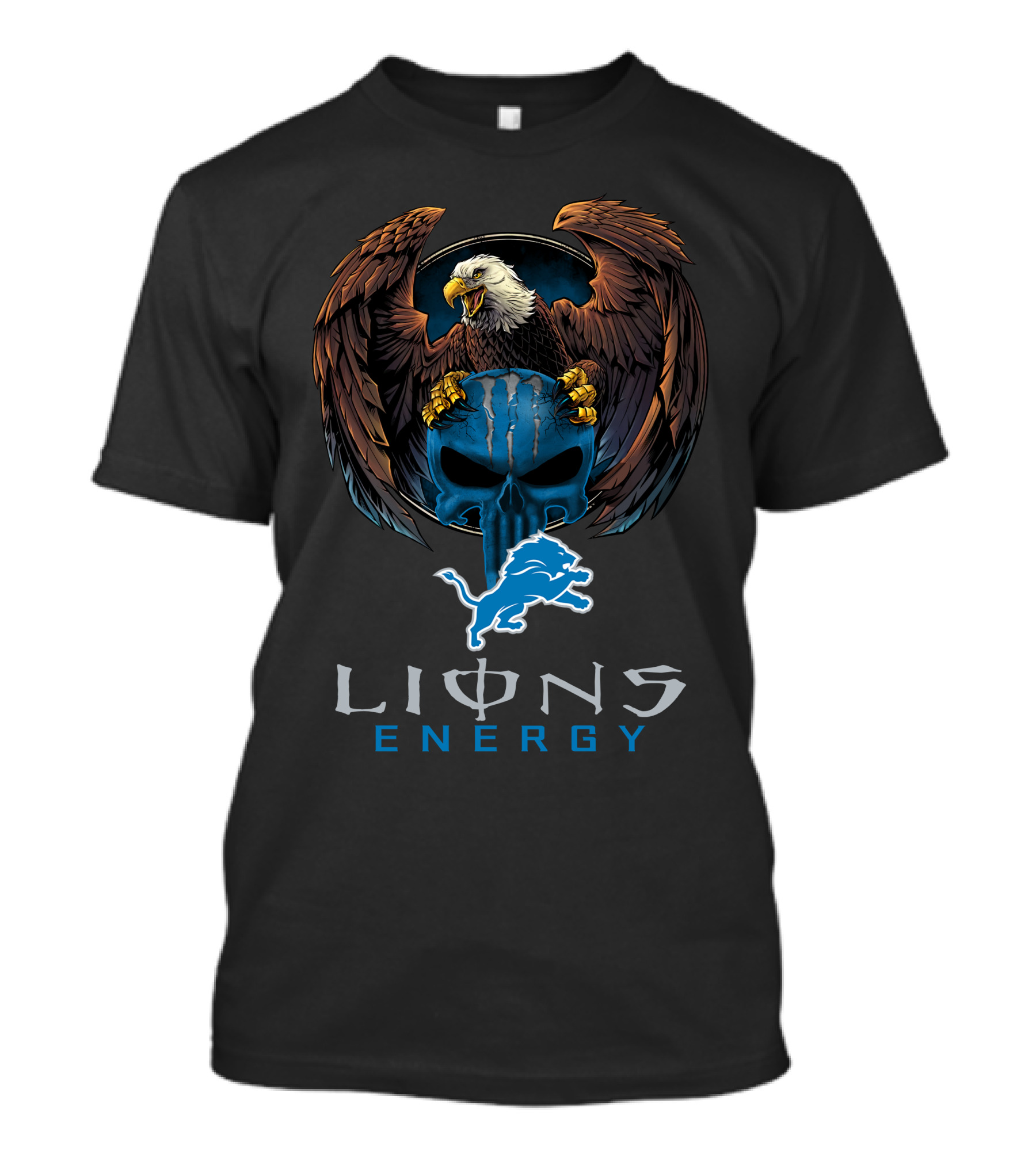 Lions Energy Detroit Logo Bald Eagle Skull T-Shirt