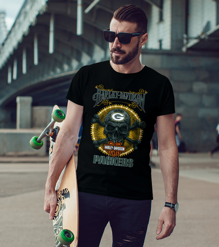 Harley Davidson Green Bay Packers Motor Cycles Skull T-Shirt