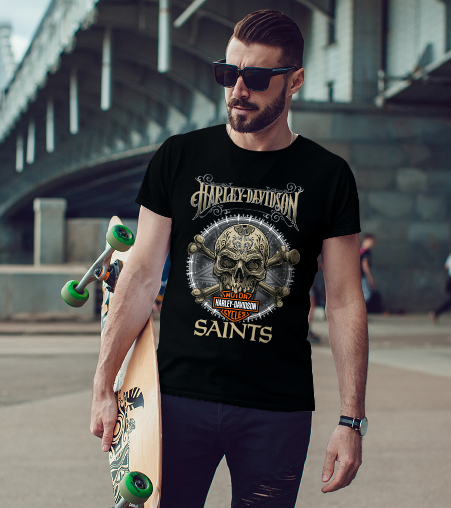 Harley Davidson New Orleans Saints Skull And Crossbones T-Shirt