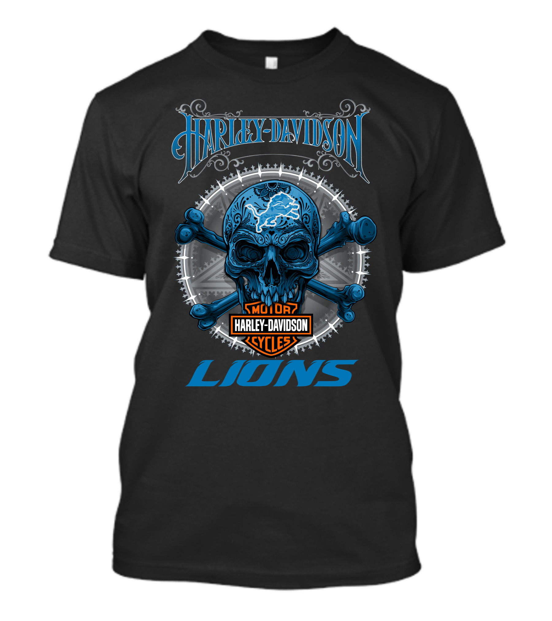 Harley Davidson Motor Cycles Skull Detroit Lions T-Shirt