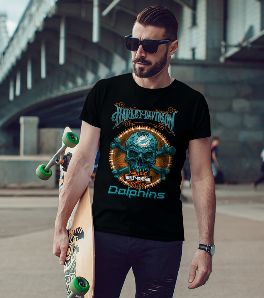 Harley Davidson Miami Dolphins Motor Cycles Skeleton Skull T-Shirt