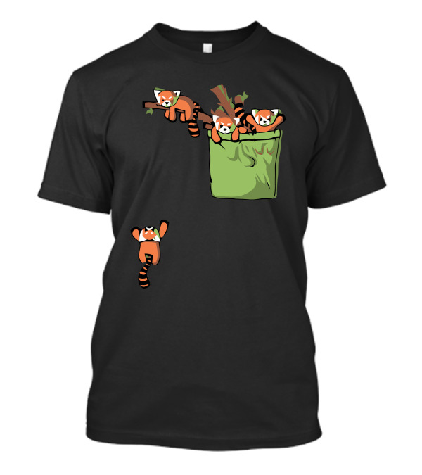 Pocket Red Pandas Hanging On Branches And Climbing Out Of Green Pocket T-Shirt