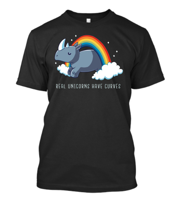 Real Unicorns Have Curves Rhino Rainbow Clouds T-Shirt