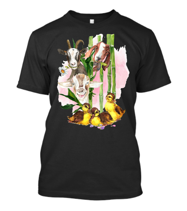 Cute Goats And Ducklings Among Bamboo And Daisies T-Shirt