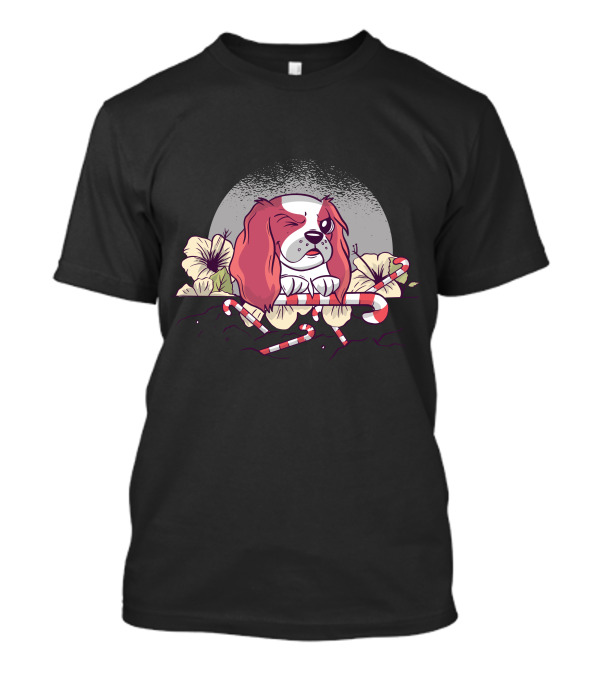 Flower Dog Winking With Candy Canes And Moonflower Blossoms T-Shirt