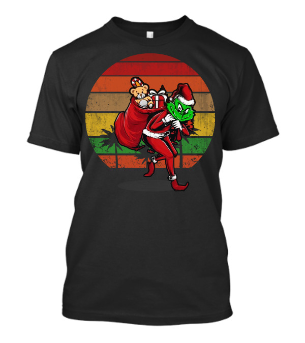 Grinch Stole Christmas Santa Sack With Teddy And Gifts Retro Sunset T-Shirt