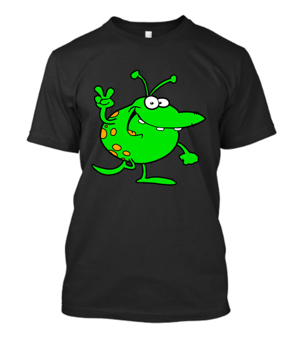 Alien Showing Peace Sign With Green Spotted Cartoon Character T-Shirt