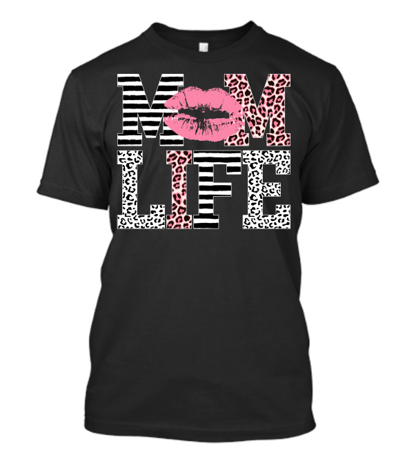Mom Life Zebra And Leopard Print With Pink Lip T-Shirt