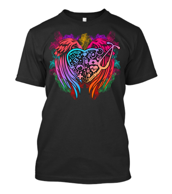 Nurse Angel Wing Heart With Medical Icons And Stethoscope T-Shirt