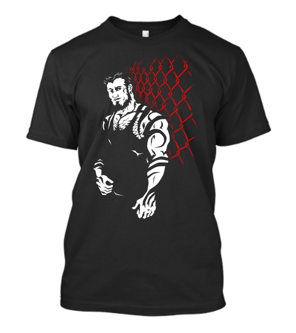 Tattoo Muscle Brute In Front Of Red Chain Link Fence T-Shirt
