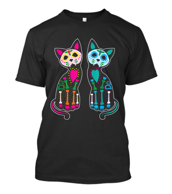 Day Of Dead Sugar Cats Skeleton Skull Colorful Hearts T-Shirt