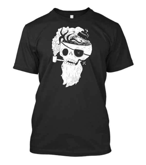 Dead Beard Pirate Skull With Pipe And Ship On Brain T-Shirt