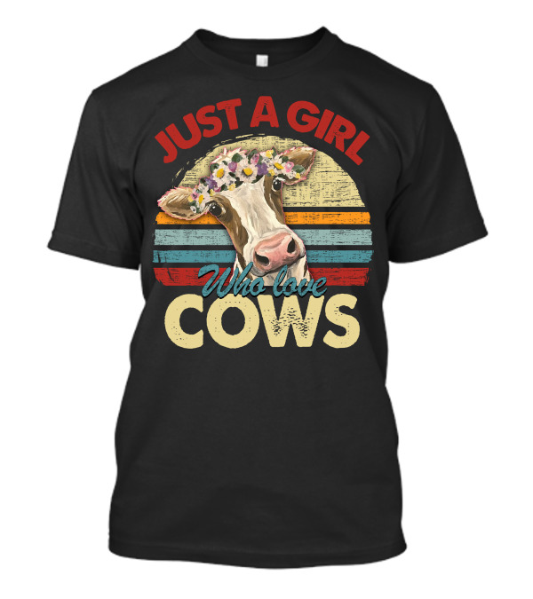 Just A Girl Who Love Cows Flower Crown Retro Stripes T-Shirt