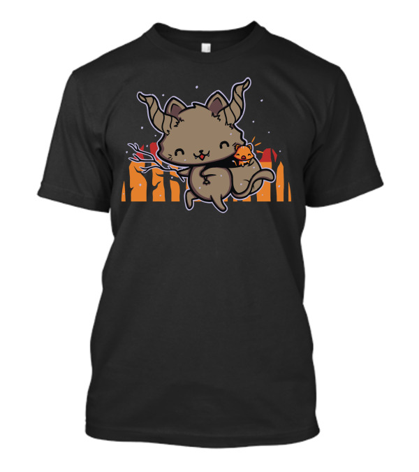Meowy Krampus Cat With Horns And Snowflakes In Spooky Forest Scene T-Shirt