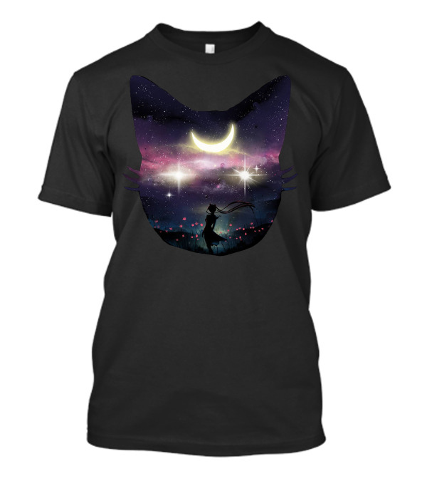 Moon Chaser Cat Silhouette Under Starry Sky With Crescent Moon And Silhouetted Figure T-Shirt