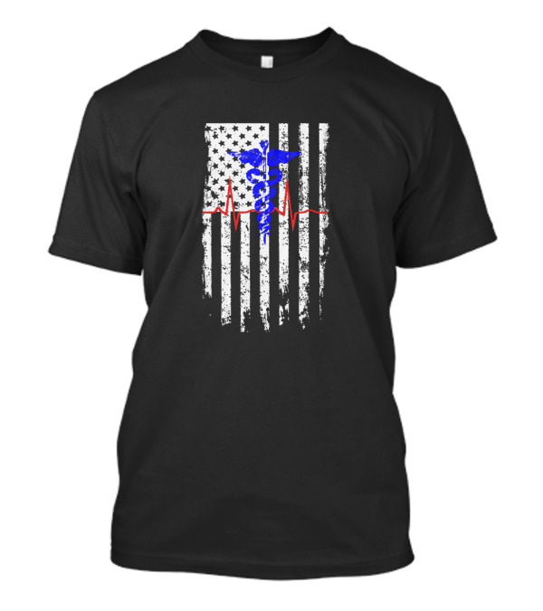 Nurse USA Flag Caduceus Heartbeat T-Shirt