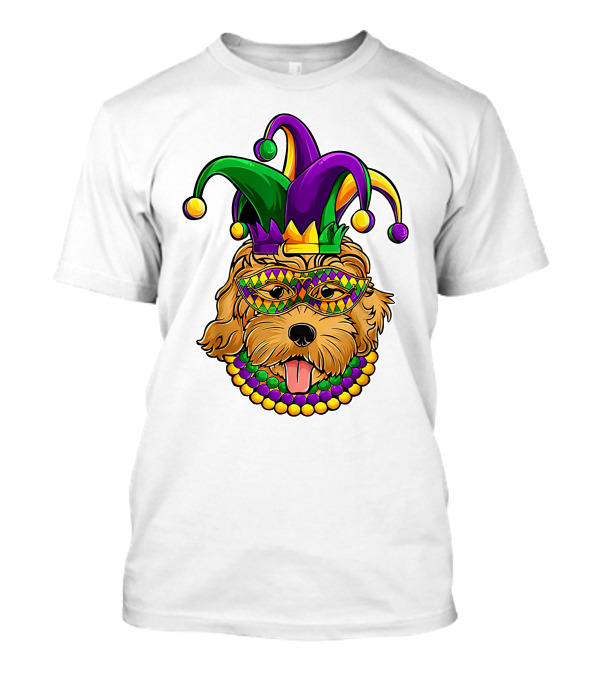 Mardi Gras Golden Doodle Jester Hat Beads Mask Purple Dog T-Shirt