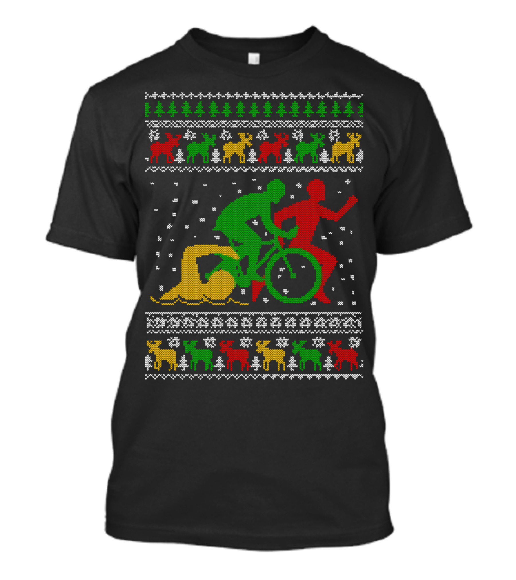 Merry Christmas Triathlon Ugly Sweater Swim Bike Run Festive Reindeer Holiday T-Shirt