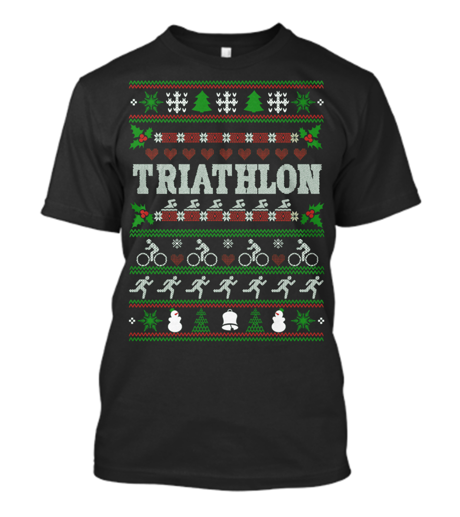 Triathlon Christmas Ugly Sweater Design With Swim Bike Run Motifs T-Shirt