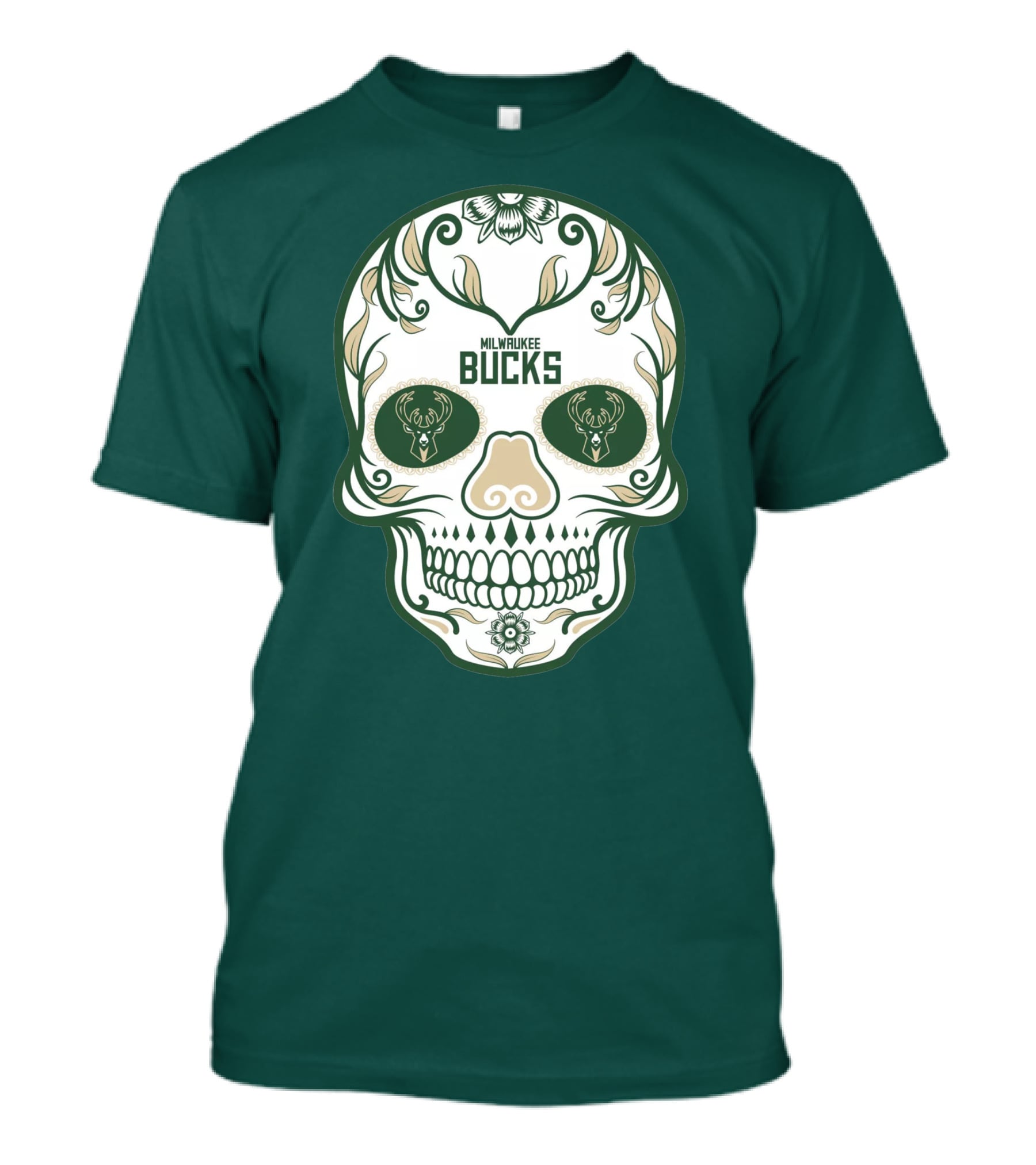 Milwaukee Bucks Skull Deer Logo Floral T-Shirt