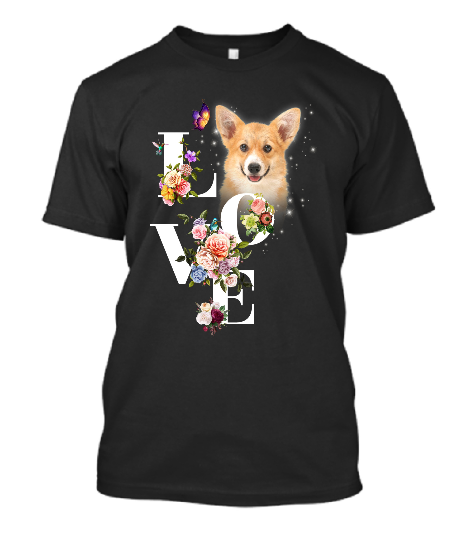 Love Corgi Floral Butterflies Sparkle T-Shirt