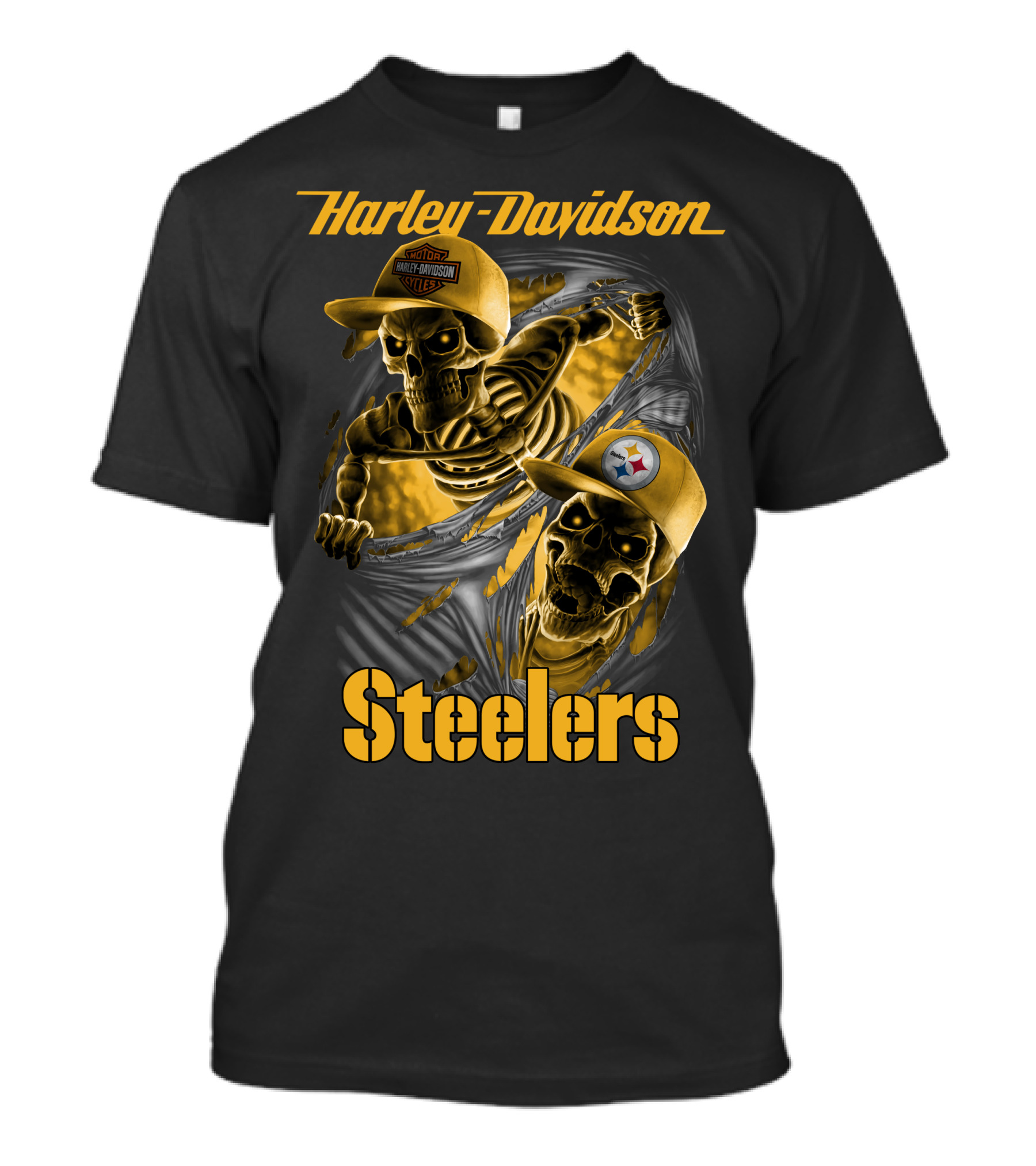 Harley Davidson Steelers Skeletons With Pittsburgh Steelers And Harley T-Shirt