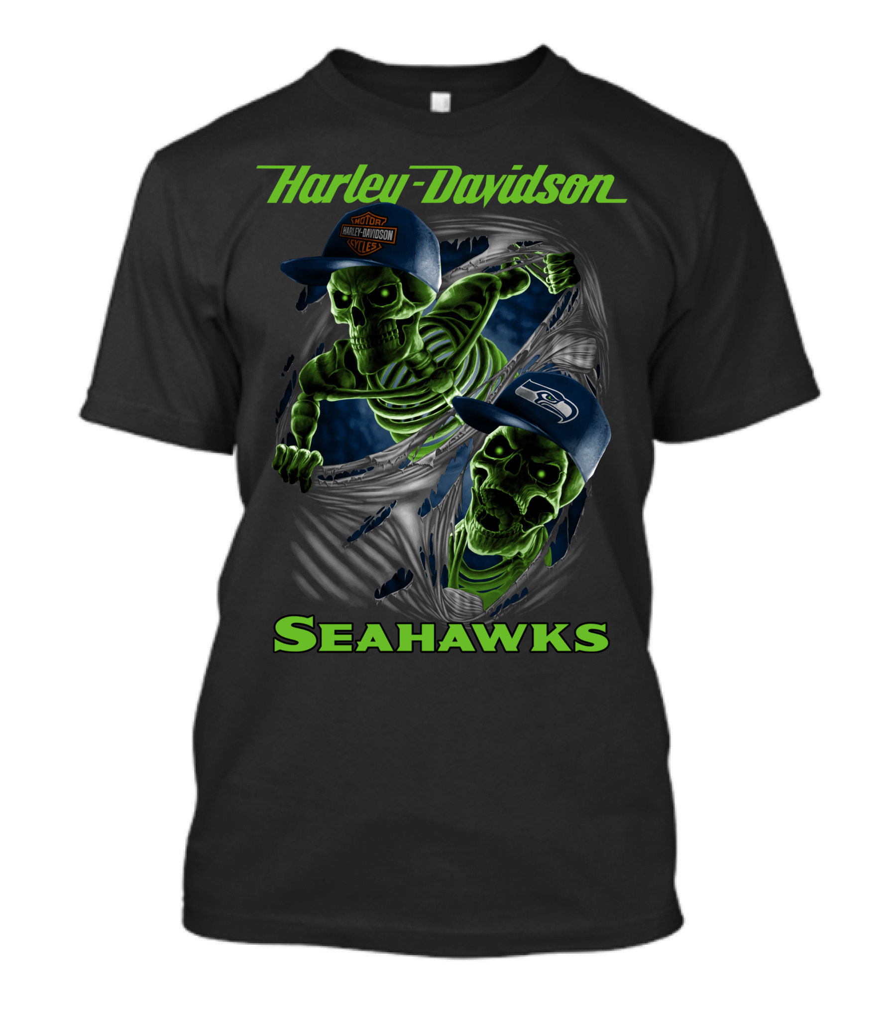 Harley Davidson Seahawks Skeletons In Caps T-Shirt