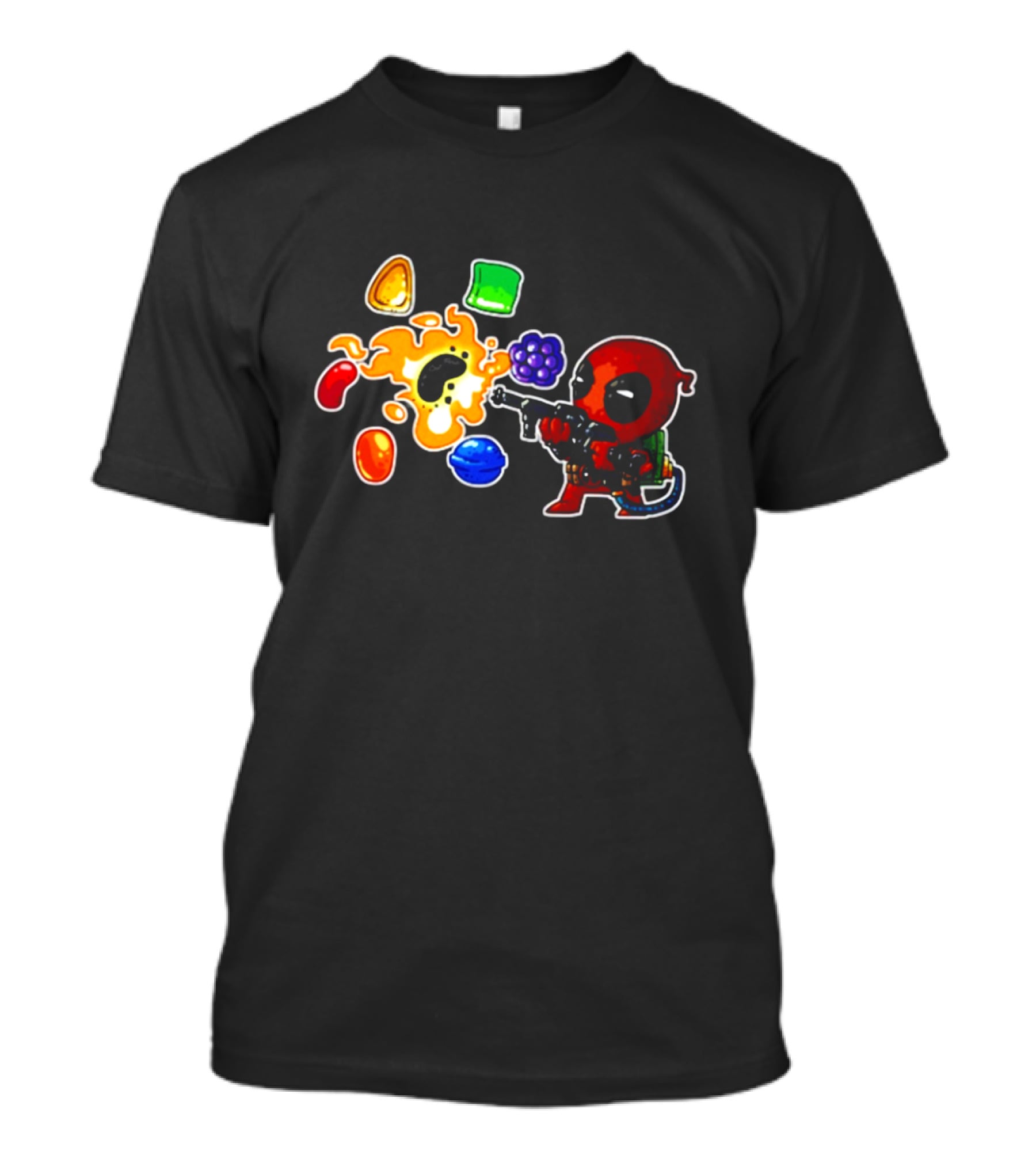 Deadpool Candy Explosion With Shooting Gun And Colorful Sweets T-Shirt
