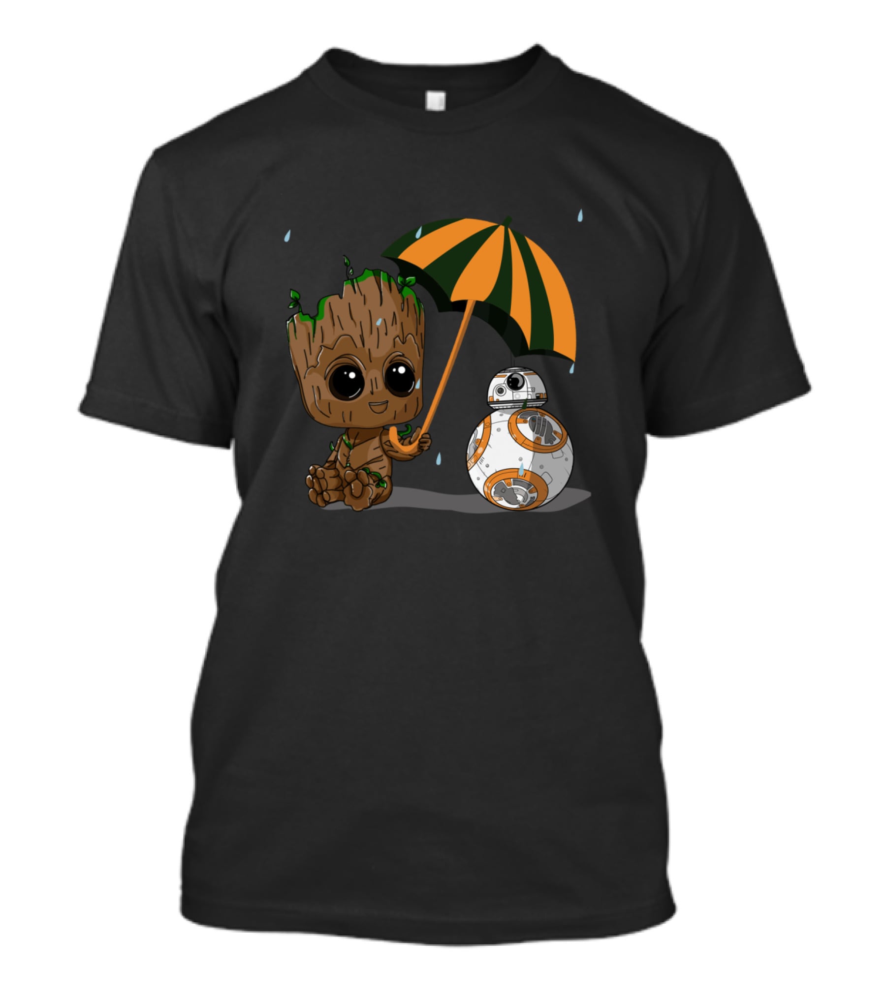 Groot And BB-8 Under Orange Green Umbrella With Raindrops T-Shirt