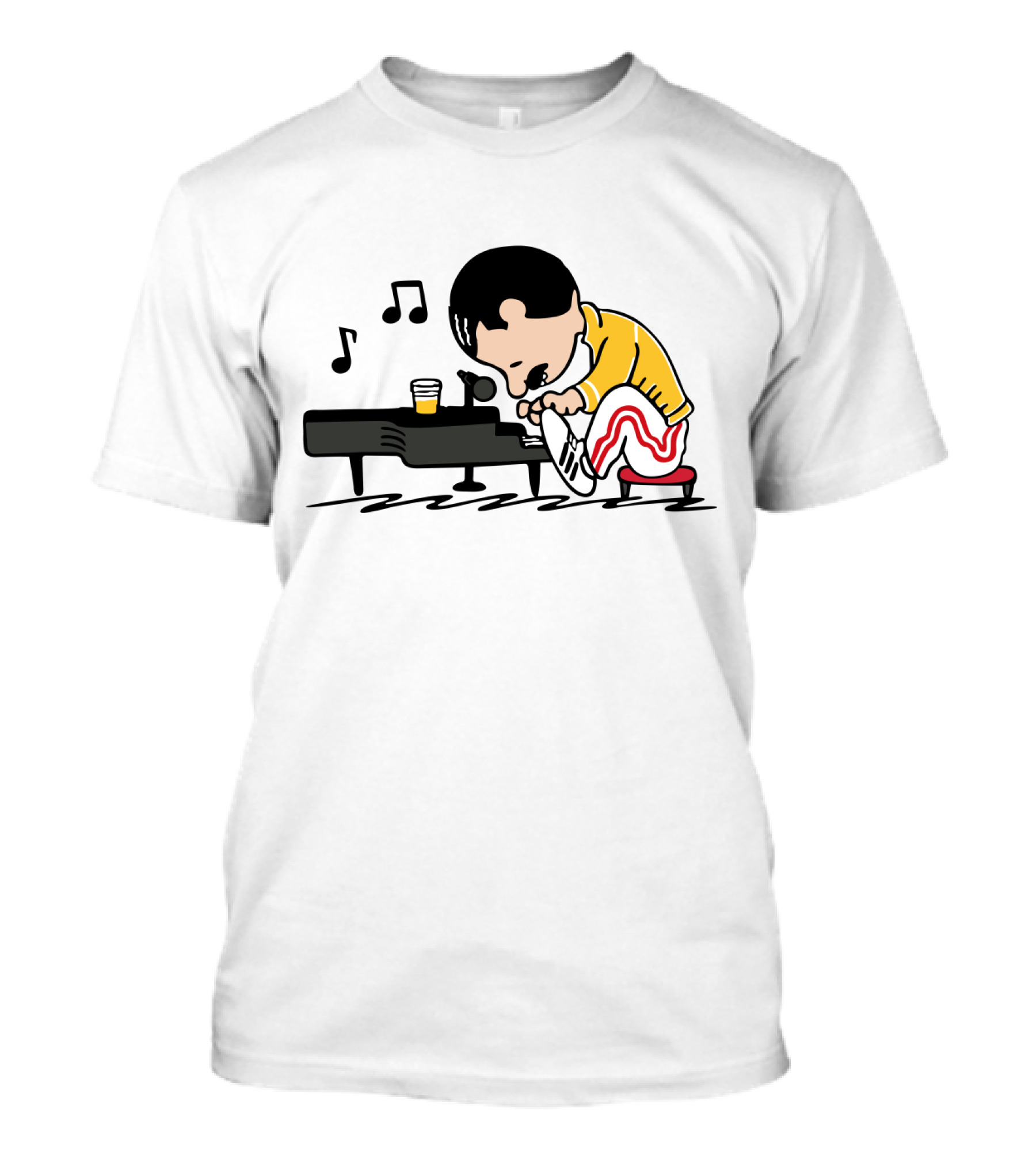 Freddie Mercury Cartoon At Piano With Music Notes And Beer Glass T-Shirt
