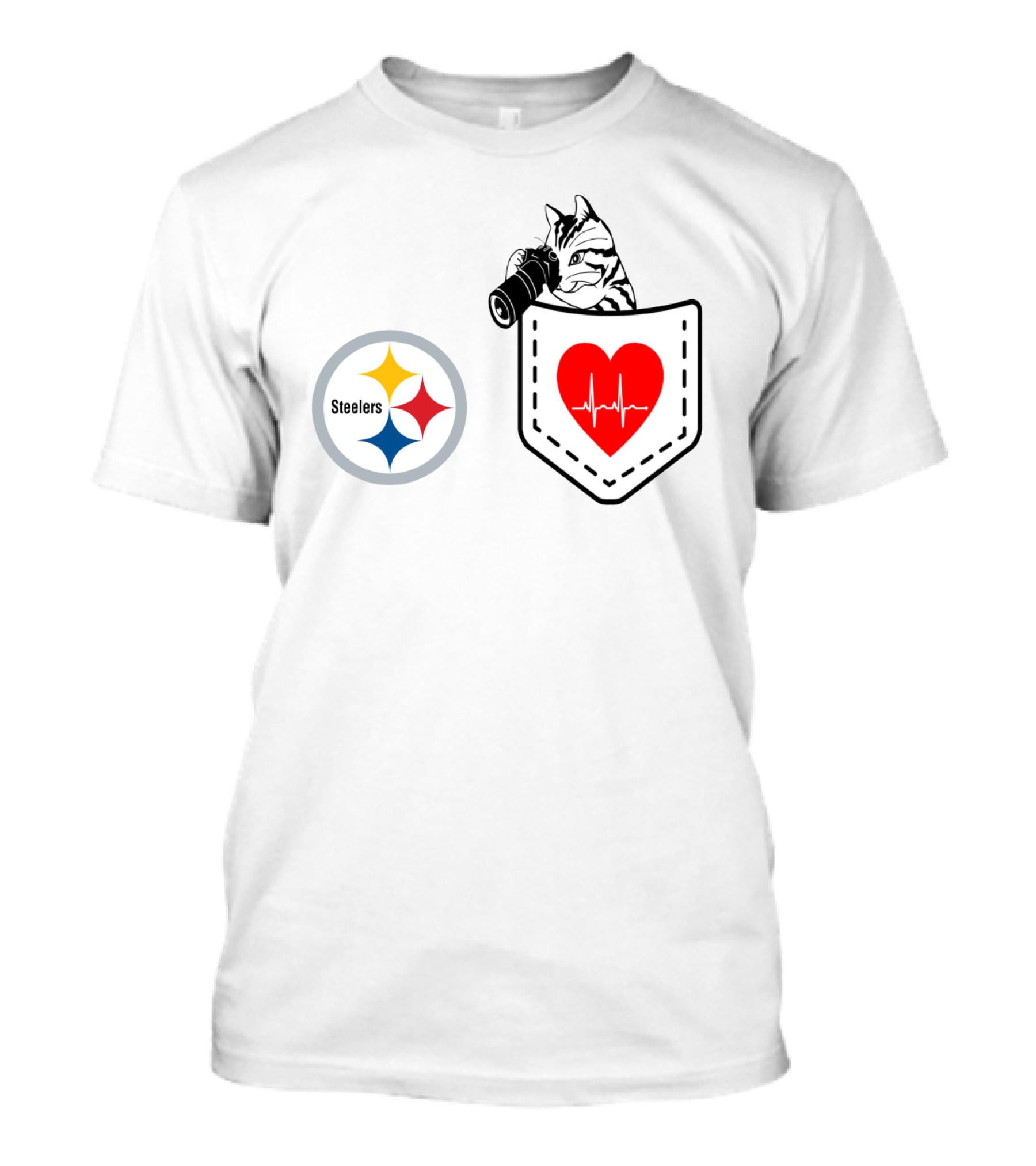 Pittsburgh Steelers Cat With Heartbeat Pocket T-Shirt
