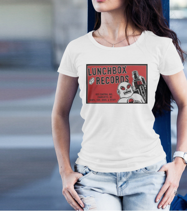 Lunchbox Records 825 Central Ave Charlotte NC Vinyl CDs DVDs Stuff Robot T-Shirt