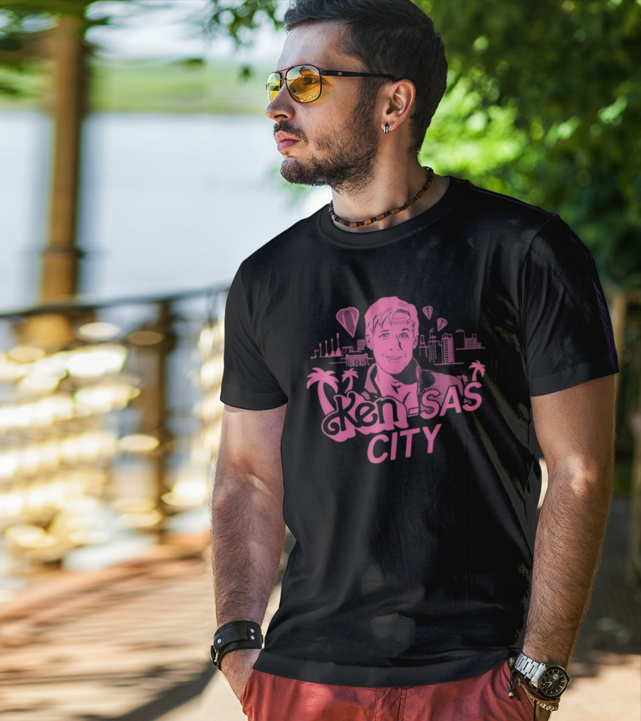 Ken-Sas City Pink Palm Skyline And Heart Balloons T-Shirt