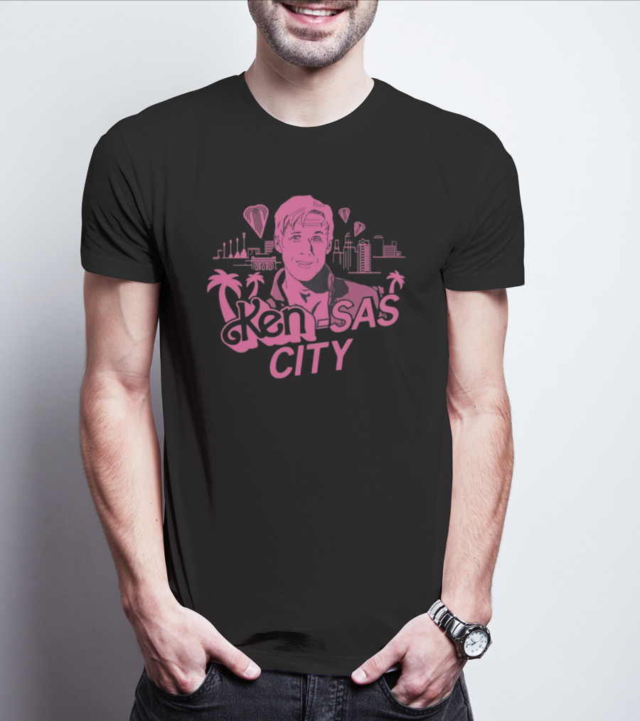 Ken-Sas City Pink Palm Skyline And Heart Balloons T-Shirt