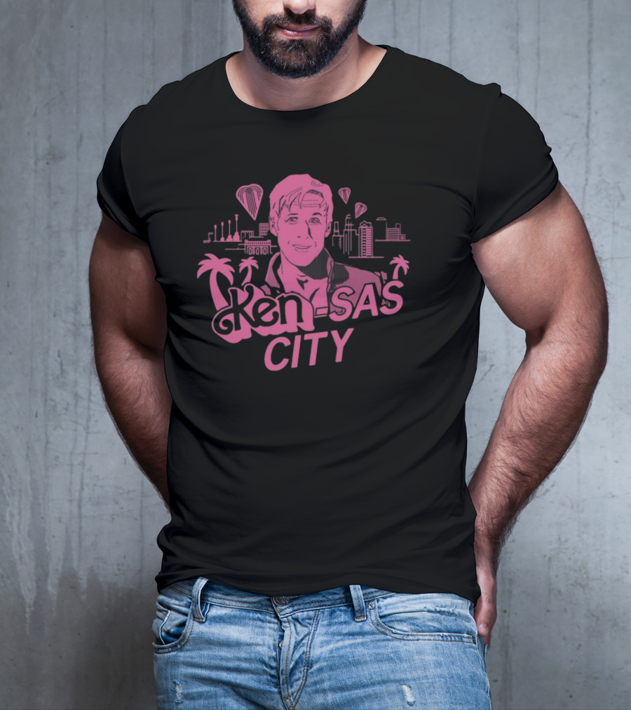 Ken-Sas City Pink Palm Skyline And Heart Balloons T-Shirt