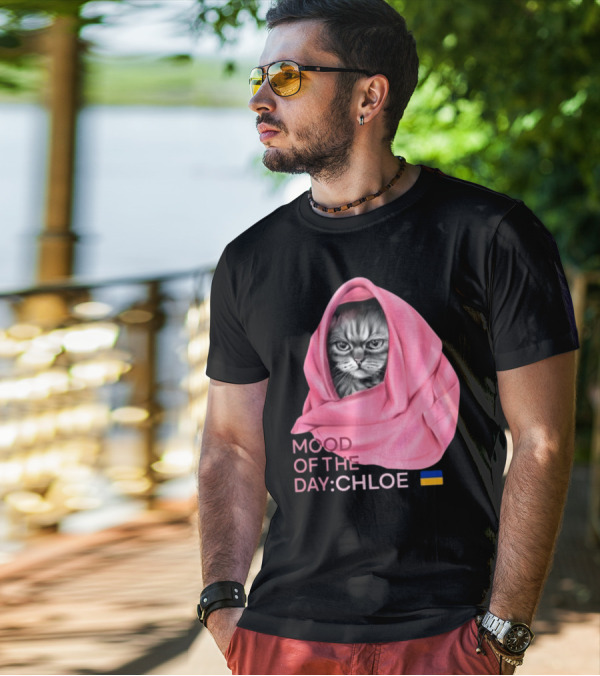 Mood Of The Day: Chloe Juliapod Pink Cat With Ukrainian Flag Background T-Shirt